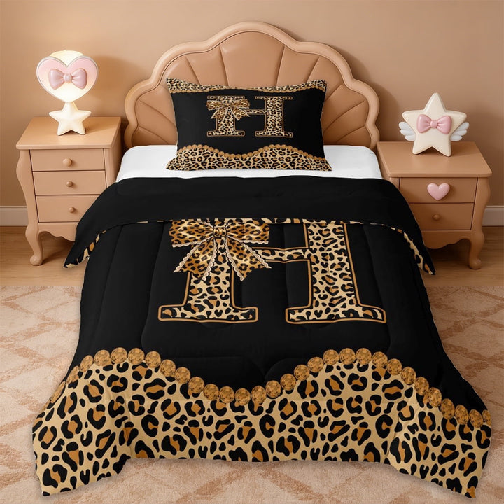 Erosebridal Cheetah Pattern Cute Bowknot Twin Comforter Sets,Leopard Print Personalized Initial Letter H Bedding Set For Kids,Black Reversible,2pcs