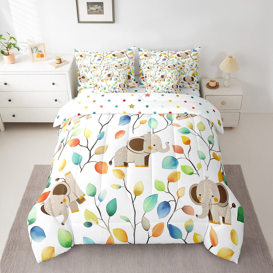 Cartoon Elephant Bedding Twin Size 7 Pieces Watercolor Floral Comforter Set, Botanical Plants Bedding Comforter Sets Jungle Animal Bed in a Bag, Tropical Leaves Bedding Accessories