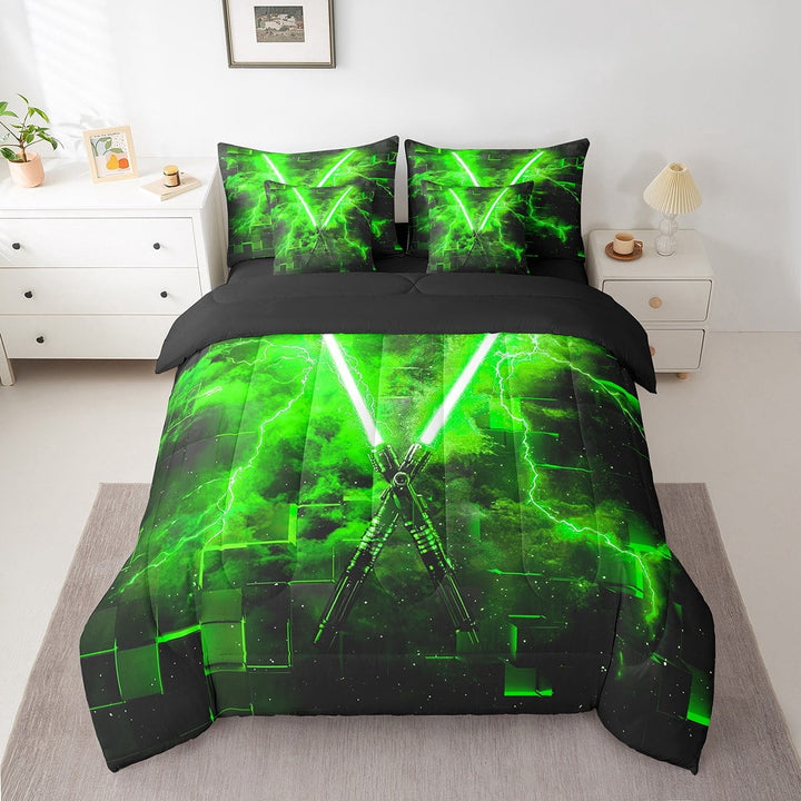 Erosebridal Neon Lightsaber Bedding Twin Size, Green Geometry Bed in a Bag Twin size, Lightning Decor, Reversible 7-Piece