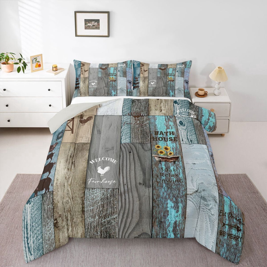 Rustic Windmill Farmhouse Comforter Set 3Pcs, Sunflower Chicken Print Bedding Set Queen Size, Vintage Country Western Duvet Insert Barn Door Wooden Plank Bedding Comforter Sets Retro Bedroom Decor