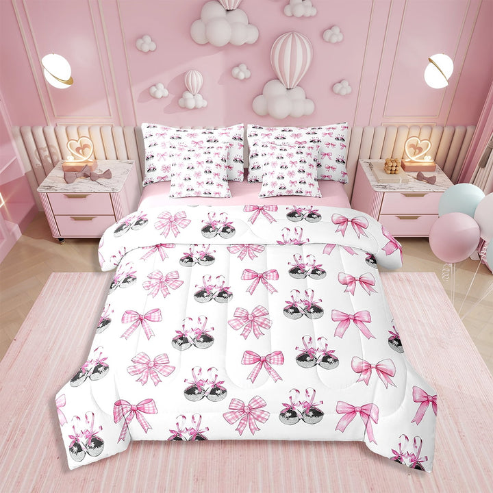 Erosebridal Ribbon Bow Bed in a Bag Pink Girly Bowknot Comforter Set with Sheets Disco Mirror Ball 7 Piece Bedding Set Lightweight Kawaii Bow Tie Bed Set Twin Size
