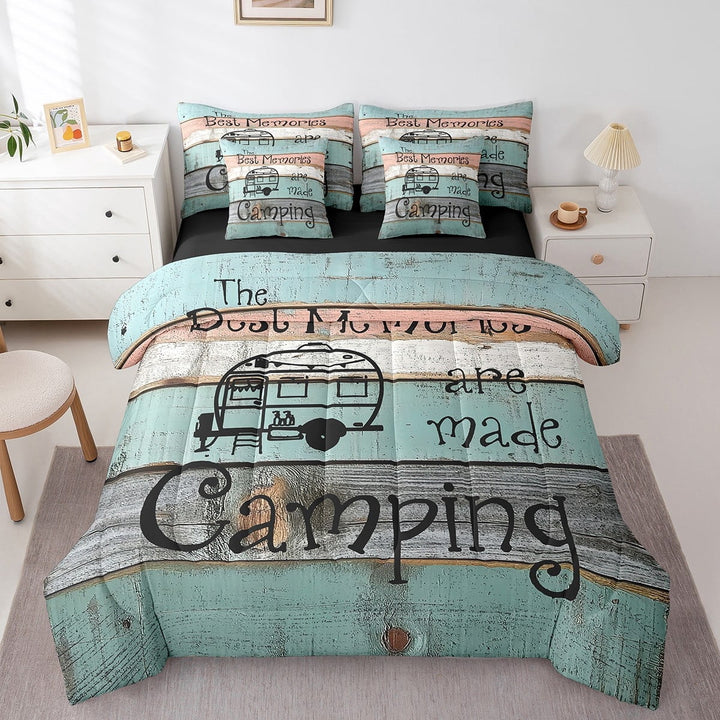 Erosebridal Cartoon Car Bedding Sets Twin Size,Happy Camping Comforter Sets with Sheets,Lodge Cabin Bed in a Bag Twin size,Breathable Boys Bedroom Decor,Reversible,7pcs