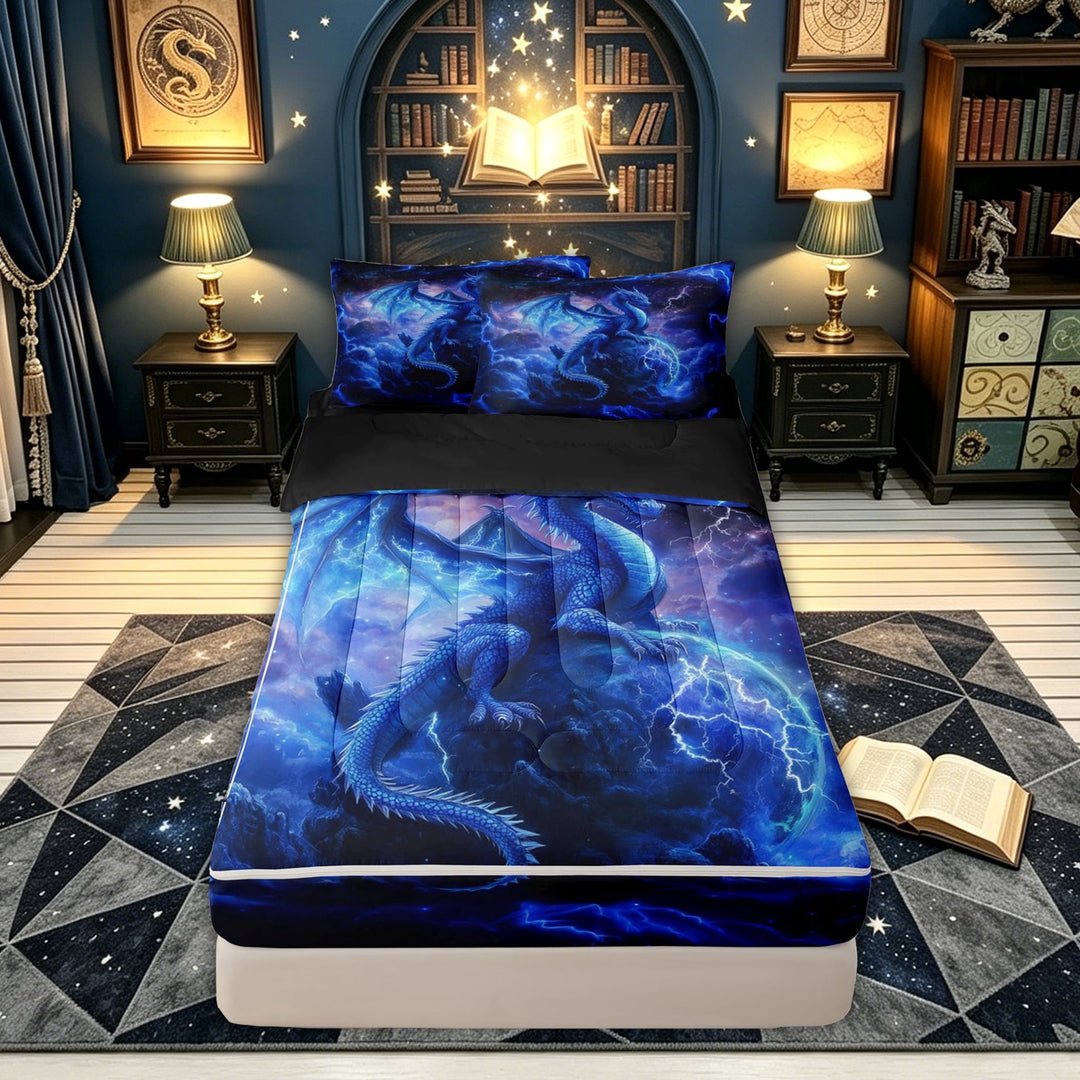 meiyoeat Blue Lightning Dragon Zipper Twin Comforter Sets with Fitted Sheet and 2 Pillowcases for Boys Girls Kids, Galaxt Planet Animal Zipper Bedding Set, Blue, Black Reversible, 4 Pieces