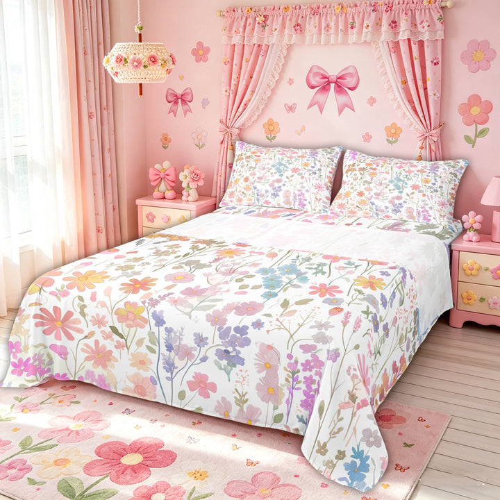 meiyoeat Boho Wildflower Groovy Bed Sheets for Kids Girls, Pastel Floral Flower Full Size Sheets, Multi White, 4pcs