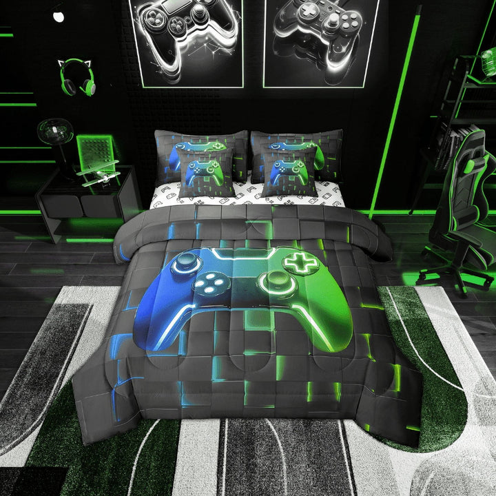 Erosebridal Gamer Bedding Sets Twin Size, Gradient Green Blue Checkered Comforter Sets with Sheets, Video Game Room Decorative, Reversible 7-Piece