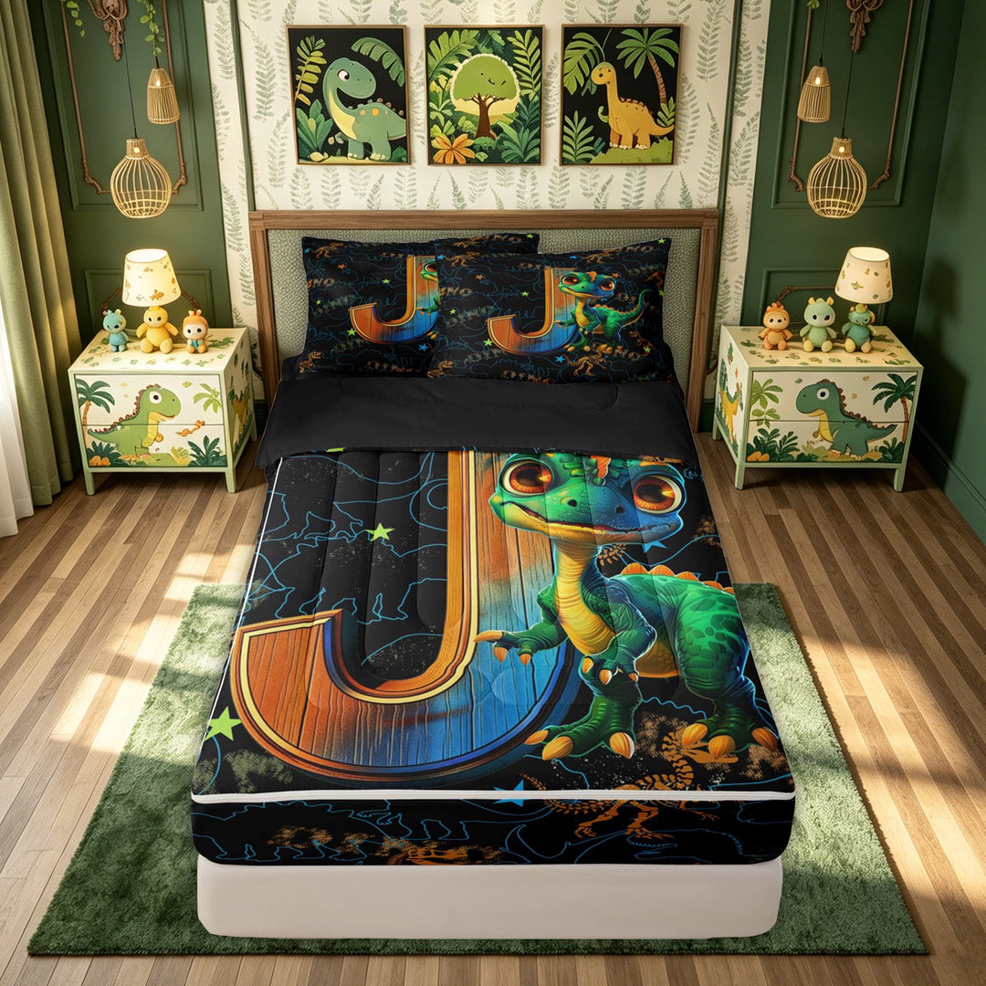 meiyoeat Dinosaur J Initial Zipper Comforter Set with Fitted Sheet and 2 Pillowcases, Cartoon Animals Zipper Bedding Set for Boys Girls, Black Reversible, 3-Piece