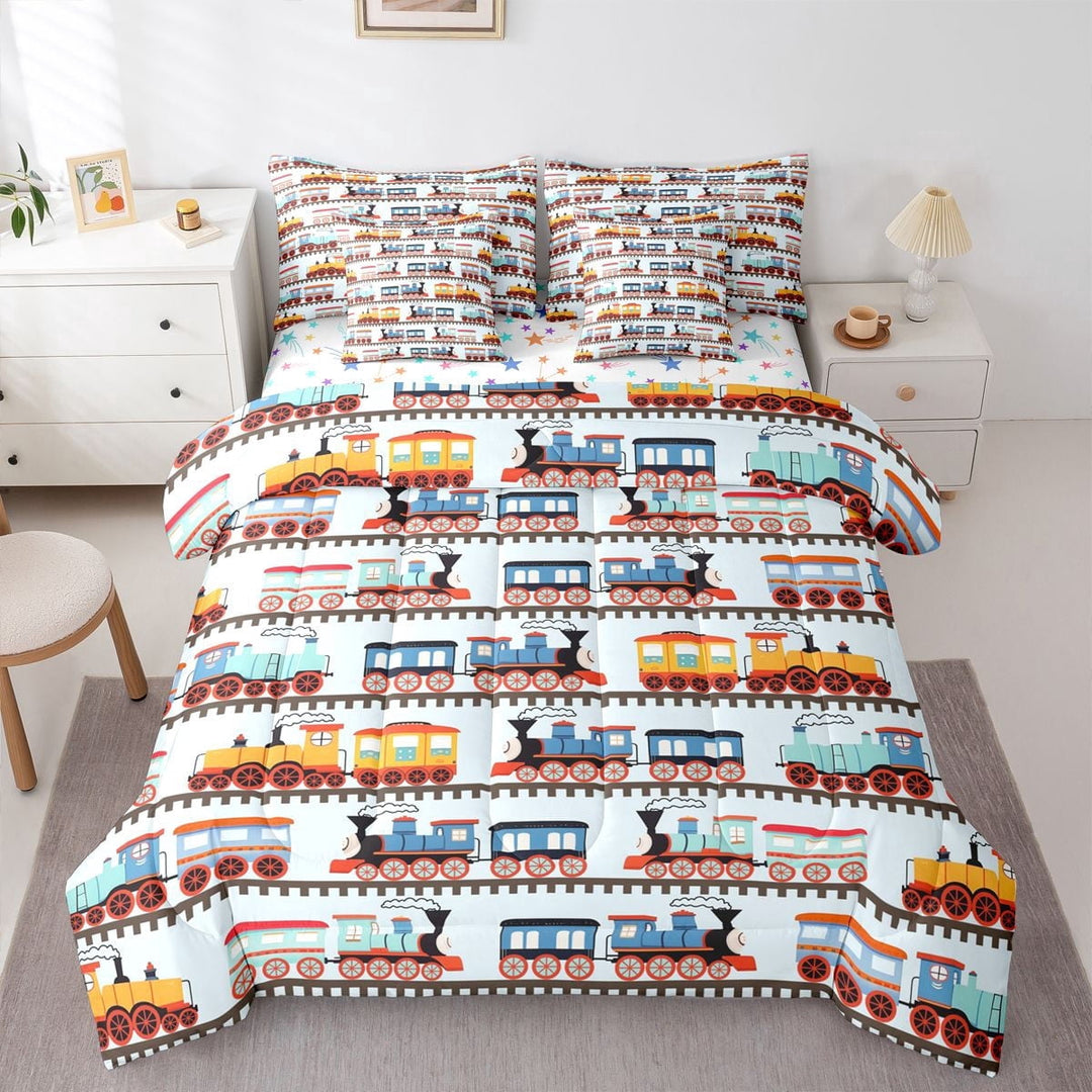 Erosebridal Colorful Railway Car Twin Bedding Sets 7-Piece For Boys,Kids Cartoon Railroad Train Bedding Comforter Set,Blue Yellow,Luxury Bedroom Decor