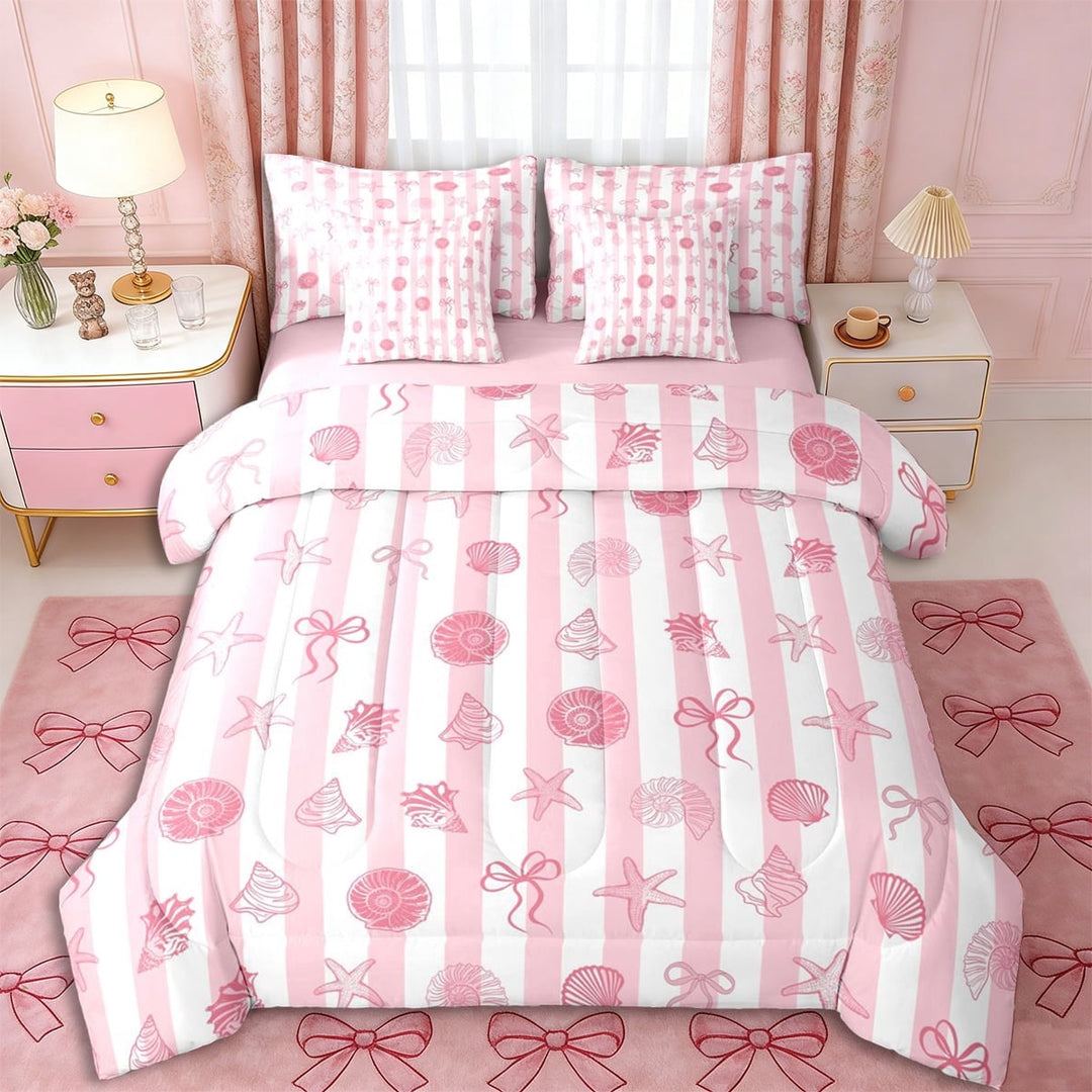 Erosebridal Pink Starfish Bow Knot Twin Bedding Sets 7-Piece for Girls,Ocean Theme Geometric Stripes Bedding Comforter Set for Teens Adults,Pink Reversible,Luxury Bedroom Decor
