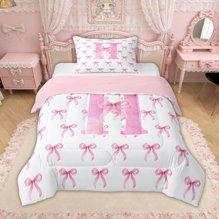 Erosebridal Bow Letter H Twin Comforter Sets for Girls, Pink Watercolor Ribbon Bedding Set, Pink Reversible, 2pcs