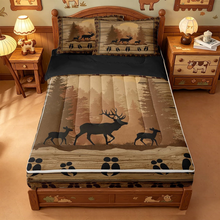 meiyoeat Jungle Animal Deer Zipper Full Size Comforter Sets with Fitted Sheet and 2 Pillowcases For Boys,Rustic Farmhouse Cabin Zipper Bedding Set For Kids,Black Reversible,4-Piece