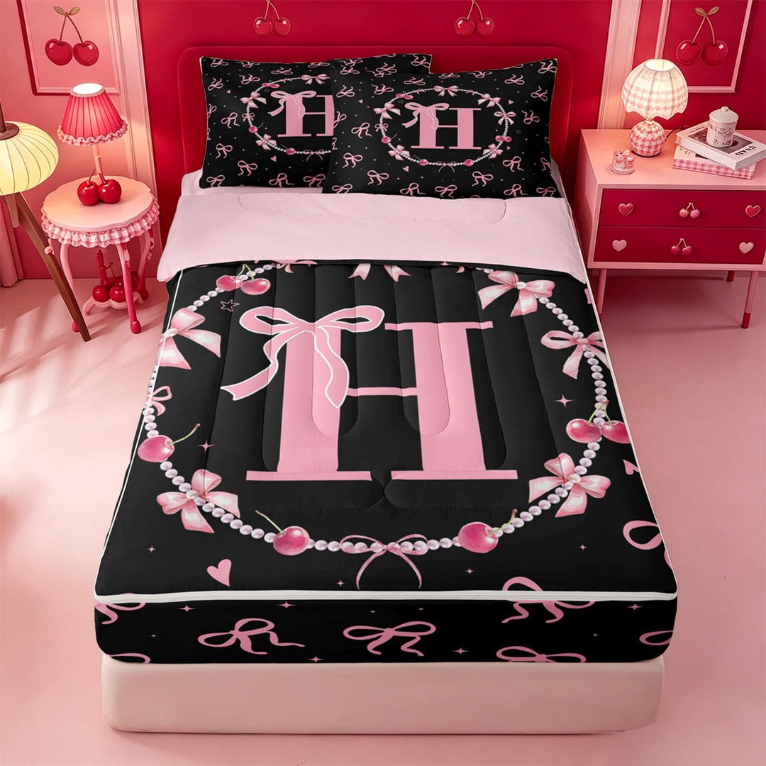 meiyoeat Pink Bow Alphabet Zipper Twin Comforter Sets with Fitted Sheet and 2 Pillowcases,Fashion Pearl Initial Aesthetic Zipper Bedding Set For Girl,Pink Reversible,4-Piece