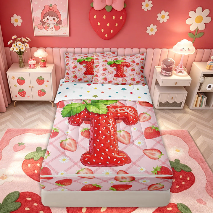 meiyoeat Strawberry Letter T Zipper Full Size Comforter Sets with Fitted Sheet and 2 Pillowcases for Kids, Princess Buffalo Zipper Bedding Set for Bedroom, Pink, Polkadot Reversible, 4pcs