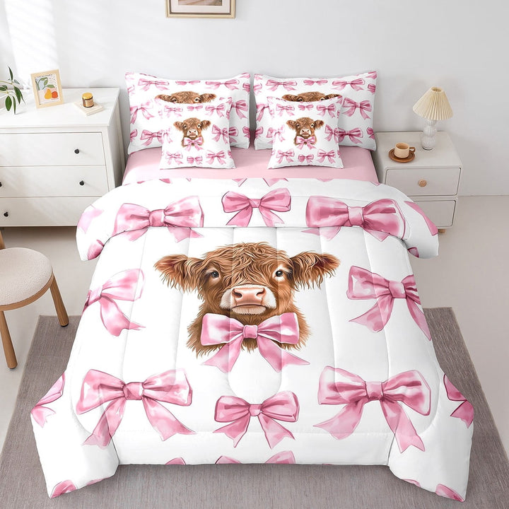 Erosebridal Pink Bowknot Bed in a Bag Twin size, Cartoon Highland Cow Comforter Sets with Sheets, Cowgirl Room Decor, Reversible 7 Pieces