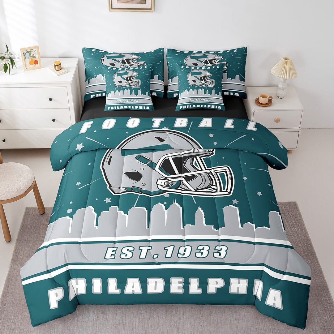 Erosebridal Football Philadelphia Bedding Sets, Soccer Sport Comforter Sets with Sheets, Teal Grey Reversible Bed Sheets Set, Breathable Bedroom Decoration, 7pcs