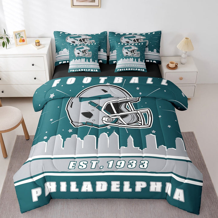 Erosebridal Football Philadelphia Bedding Sets, Soccer Sport Comforter Sets with Sheets, Teal Grey Reversible Bed Sheets Set, Breathable Bedroom Decoration, 7pcs
