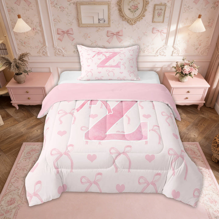 Erosebridal Pink Bow Tie Bedding Twin Comforter Set, Initial Z Letter Down Comforter, Cute Catoon Decor, Reversible 2-Piece