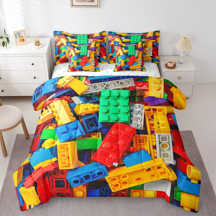 Erosebridal Building Blocks 7 Pcs Comforter Set Queen, Colorful Toy Bedding , 3D Rainbow Construction Brick Sheet Set Bed in A Bag Funny Geometric Rectangle Down Comforter