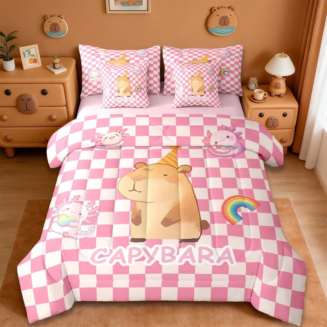 Erosebridal Animal Capybara 7-Piece Twin Bedding Sets,Pink Cute Axolotl Bedding Comforter Set For Girls Kids,Dreamy Princess Style ,Reversible Pink