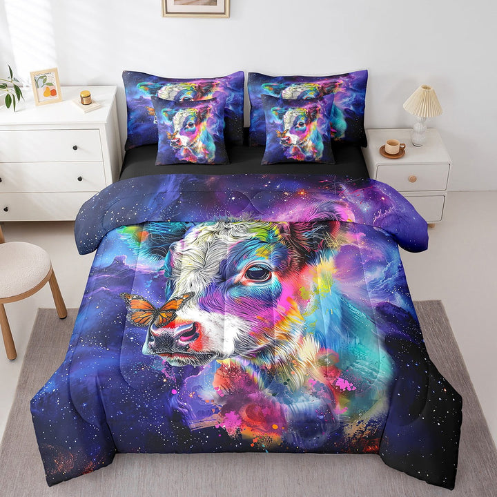Highland Cow Bedding Comforter Sets 7pcs Farmhouse Wildlife Bed in a Bag Cartoon Animal Twin Bedding Sets Mystic Galaxy Nebula Comforter Set Rainbow Butterfly Bedding Sets &amp; Collections