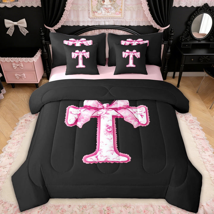 Erosebridal Floral Bow Letter T Twin Bedding Sets for Girls, Pink Initial Ribbon Bedding Comforter Set, Reversible, 7pcs