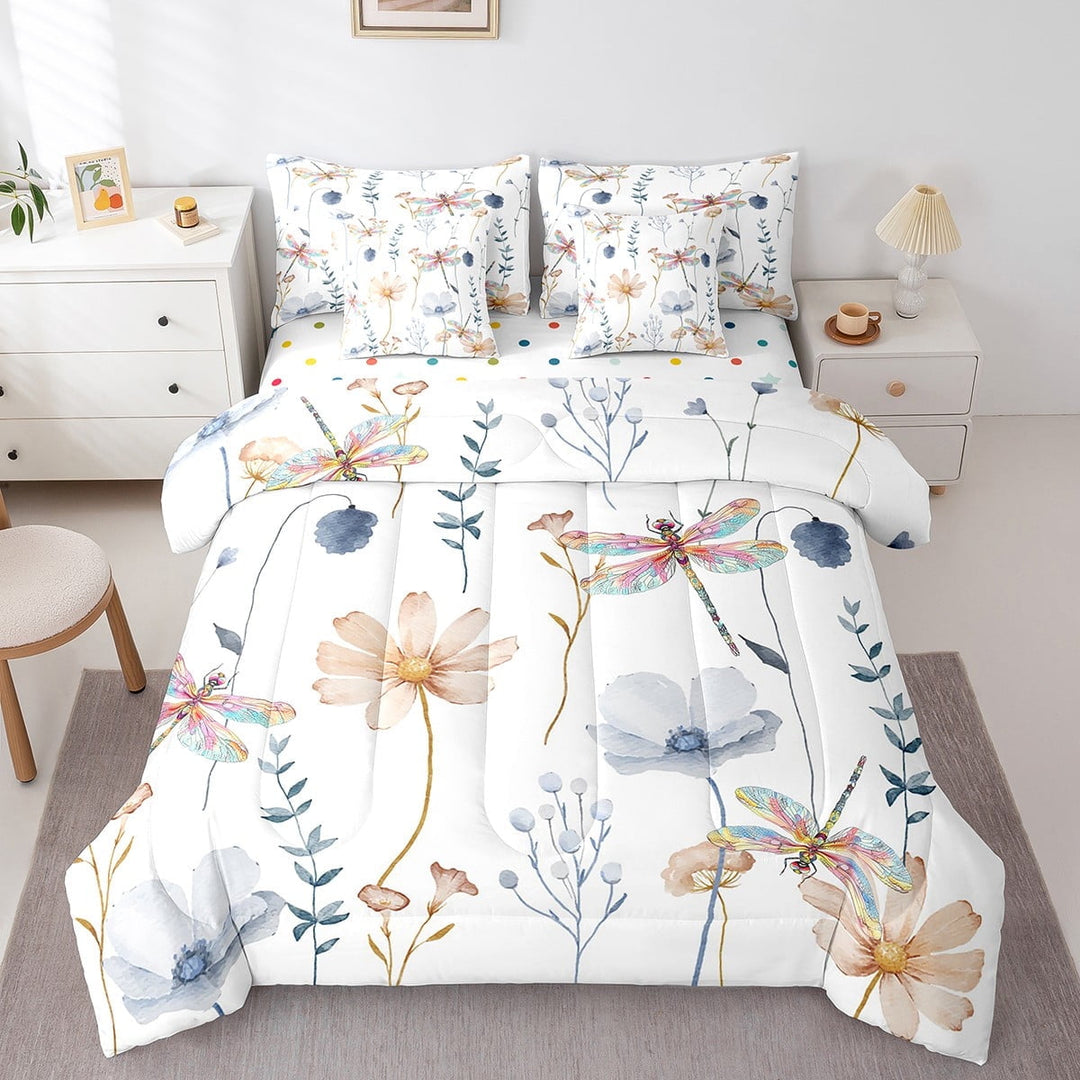 Dragonfly Comforter Set King Size,Watercolor Floral Bedding Set Women,Blue Beige Flowers Bed In A Bag(Comforter+Fitted+Flat Sheet+2 Pillowcases+2 Throw Pillow Covers) 7 Pieces Bed Set