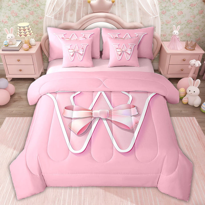Erosebridal Initial W Letter Bed in a Bag Twin size for Kids, Princess Bow Bed Set, Kawaii Monogrammed Reversible Bedding Twin Size, 7-Piece