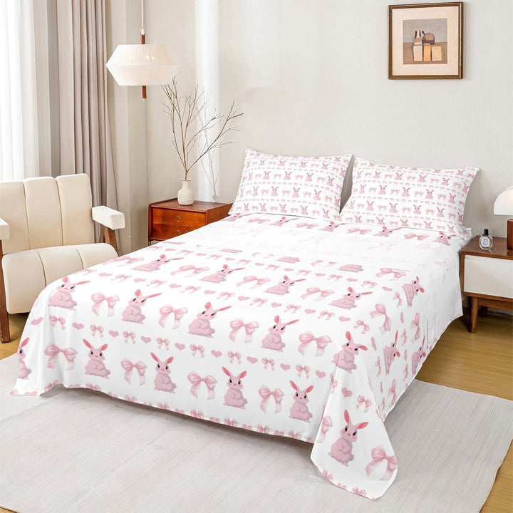 Erosebridal Cartoon Rabbit Full Size Sheets for Kids Girls, Pink Princess Bow Bed Sheets, 1 Flat Sheet 1 Fitted Sheet and 2 Pillowcases, 4 Pieces