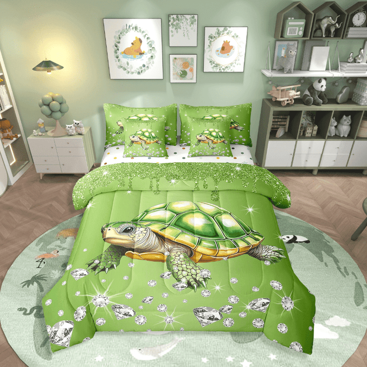 Erosebridal Green Turtle Bedding Sets Twin Size,Crystal Sequin Print Comforter Sets With Sheets,Bling Decor,Reversible,Breathable,7Pcs