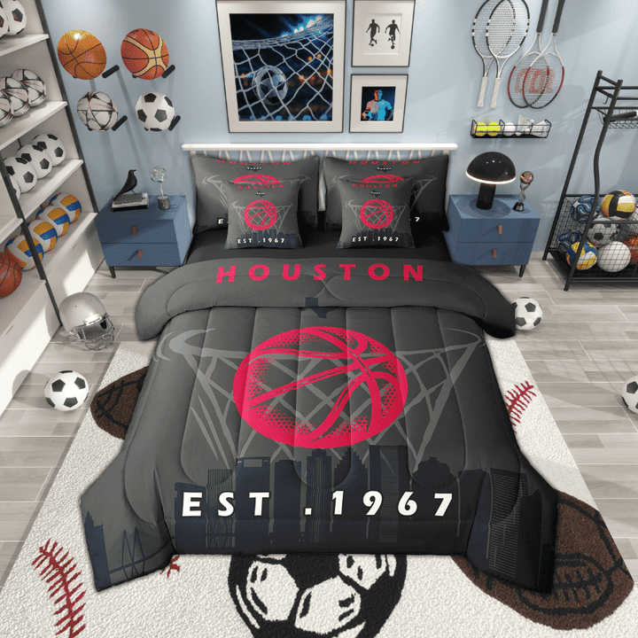 7 Pcs Comforter Set Full Size,Sports Bed in a Bag with Flat Sheet and Fitted Sheet and Adults,Basketball Bedding Set with Pillowcase and Sham,Houston