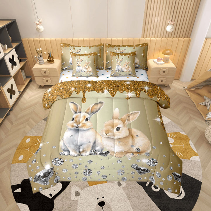 Rabbit Comforter Set 7 Piece Bed in a Bag Twin,Brown Sequin Fluid Art Bedding Set,Crystal Diamond Comforter and Sheet Set Cute Animals Bed Set,Lovely Pet Kawaii Room Decor