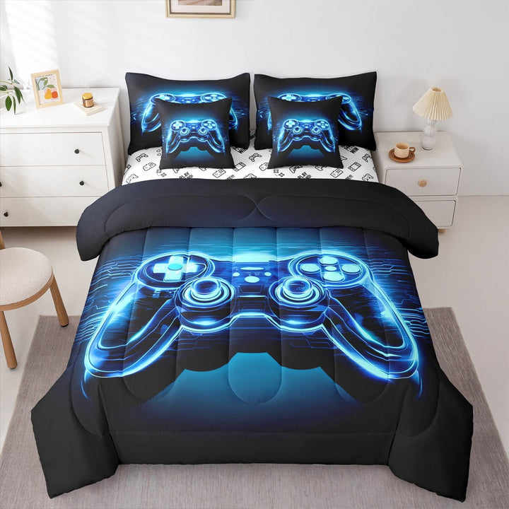 Erosebridal Gamer Comforter Set with Sheets Twin Size Gaming Bed in a Bag Set Teens Modern Game Console Controller 7 Pieces Bedding Set Joystick Room Decor Blue Black
