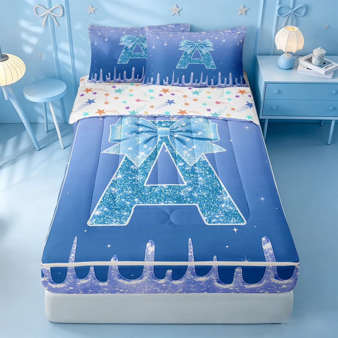 meiyoeat Blue Glitter Bow Monogram A Print Zipper Full Size Comforter Sets with Fitted Sheet and 2 Pillowcases,Chic Ice Drip Initial Zipper Bedding Set For Girl,Colorful Stars Reversible,4 Pieces