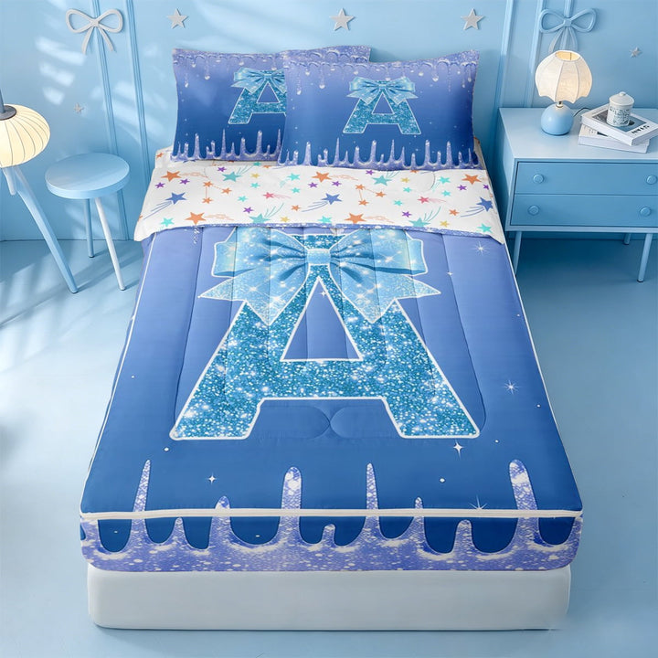 meiyoeat Blue Glitter Bow Monogram A Print Zipper Full Size Comforter Sets with Fitted Sheet and 2 Pillowcases,Chic Ice Drip Initial Zipper Bedding Set For Girl,Colorful Stars Reversible,4 Pieces