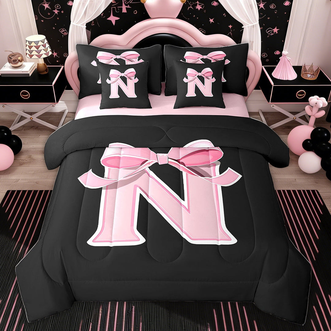 Erosebridal Initial N Letter Bedding Twin Size for Kids, Princess Bow Bedding Sets Twin Size, Pink Monogrammed Reversible Bed Set, 7-Piece