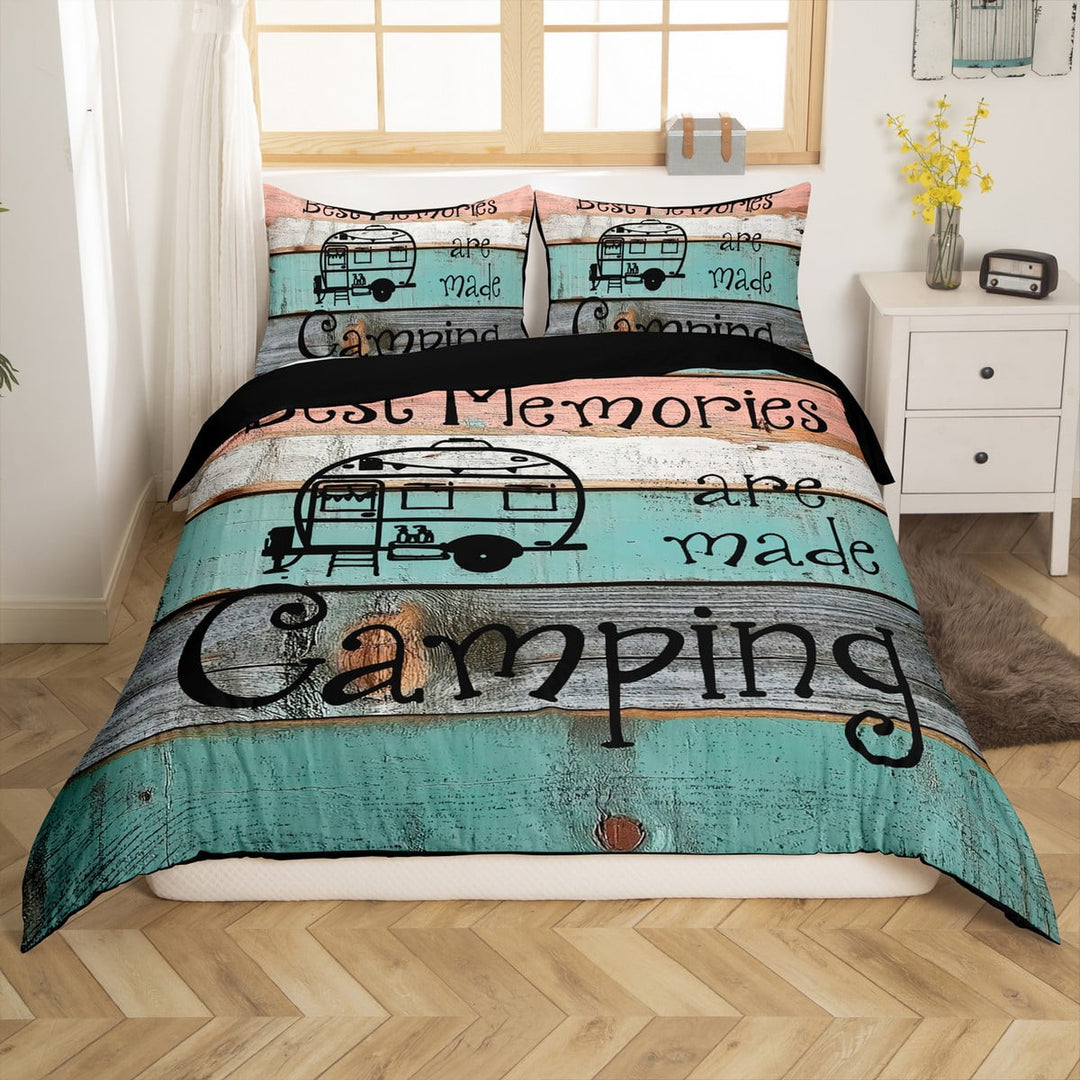 Manfei Cartoon Adventure Car 2pcs Duvet Cover Twin for Boys Girls,Happy Camping Bedding Sets Twin Size,Vintage Retro Lodge Cabin Comforter Cover Breathable,Breathable Bedroom Decor(No Comforter)