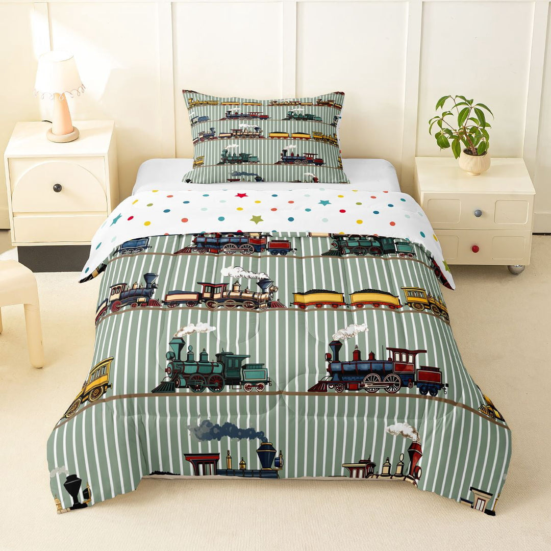 Manfei Vintage Train Twin Comforter Sets,Green Line Pattern Bedding Set,Polkadot Reversible,2-Piece,1 Comforter and 1 Pillowcase