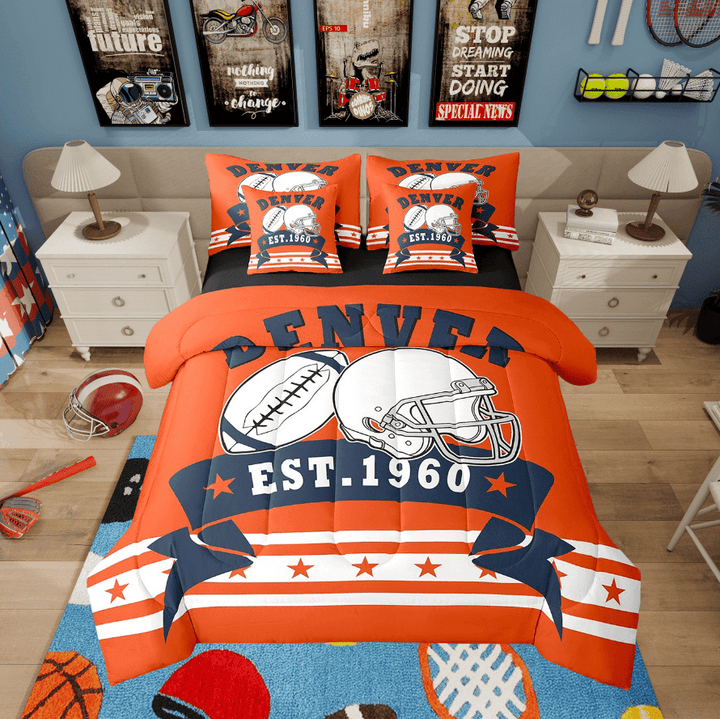 3D Football Sports Comforter Set Twin 7Pcs, American Football Lovers Bedding Sets Bed In A Bag - 1 Comforter, 1 Flat Sheet 1 Fitted Sheet 2 Pillowcases 2 Throw Pillow Covers (Denver)