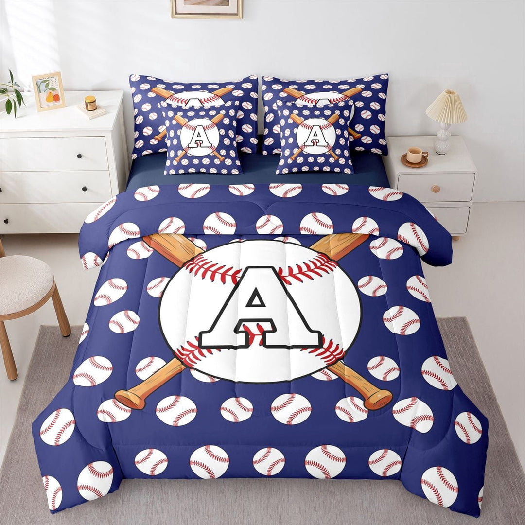 Erosebridal Sport Letter Monogrammed A Twin Bedding Sets 7-Piece for Teens,Baseball Gamer Bedding Comforter Set for Boys Girls,Navy Blue Reversible,Luxury Bedroom Decor