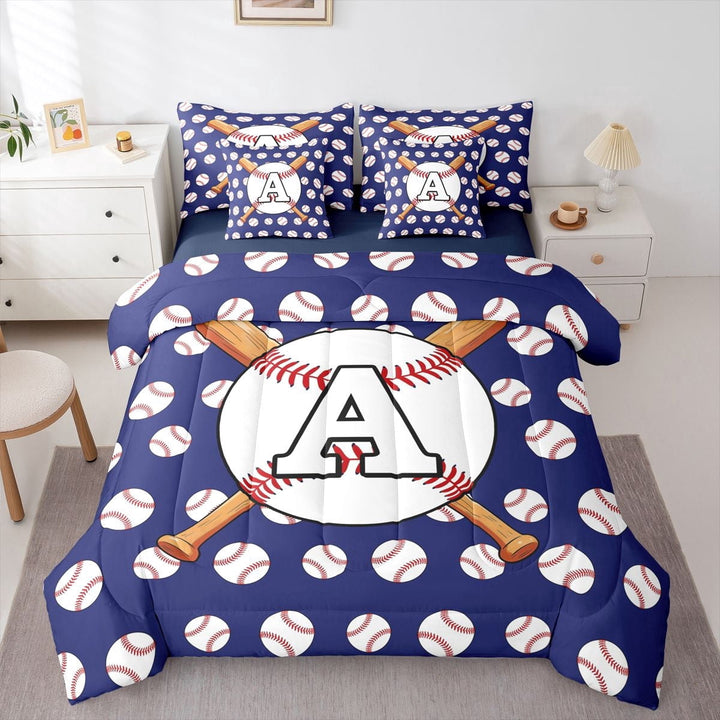 Erosebridal Sport Letter Monogrammed A Twin Bedding Sets 7-Piece for Teens,Baseball Gamer Bedding Comforter Set for Boys Girls,Navy Blue Reversible,Luxury Bedroom Decor