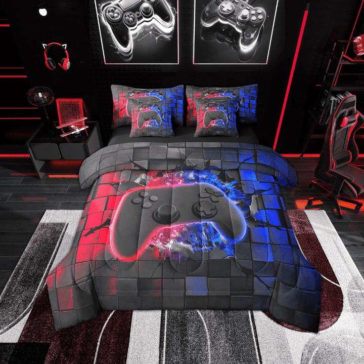 Erosebridal Black Gamepads Bedding Sets Twin Size,Video Game Comforter Sets with Sheets,Blue Red Bed in a Bag Twin size,Microfiber Gamer Room Decor,Reversible,7-Piece