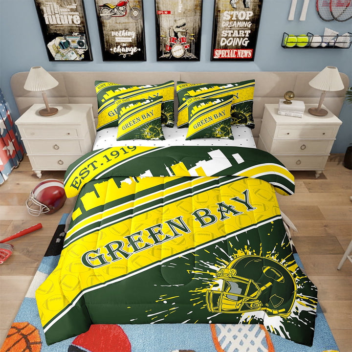 Erosebridal Rugby Sports 7 Pieces Comforter Sets Twin Size Green Bay Bedding Set for All Season Gifts for Football Fans Football City Bed in a Bag with Comforter, Sheets, Pillowcases &amp; Cushion Cover