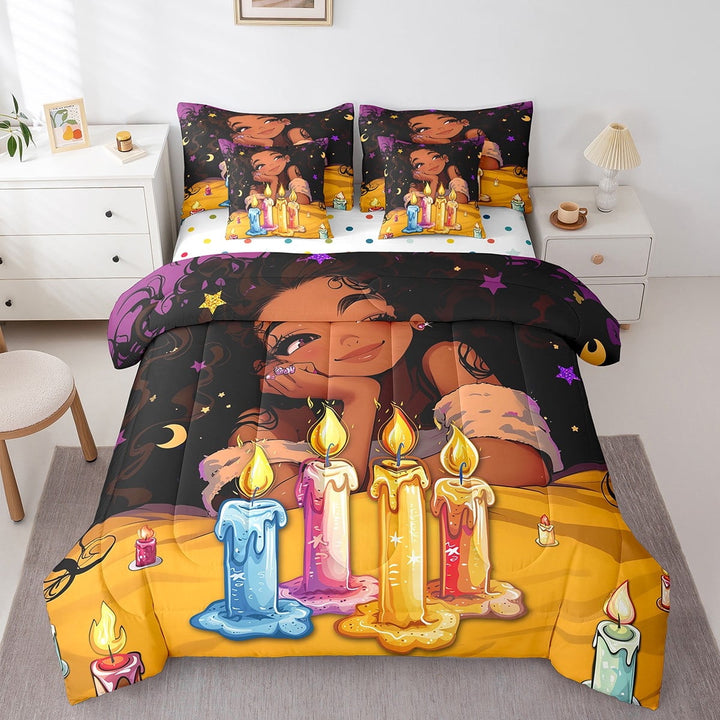 Afro Girls Comforter Set 7 Piece Bed in a Bag Twin,American African Princess Magical Bedding Sets Black Hair Girl Sheet Set with Comforter