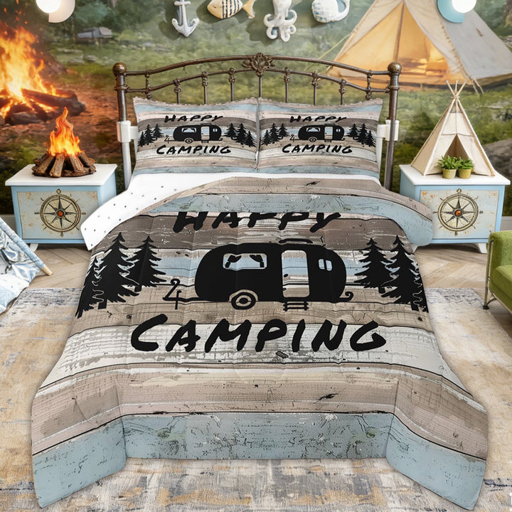 Erosebridal Camping Car Queen Comforter Set, Wooden Lodge Cabin Bedding Comforter Set for Men and Women, 3-Piece