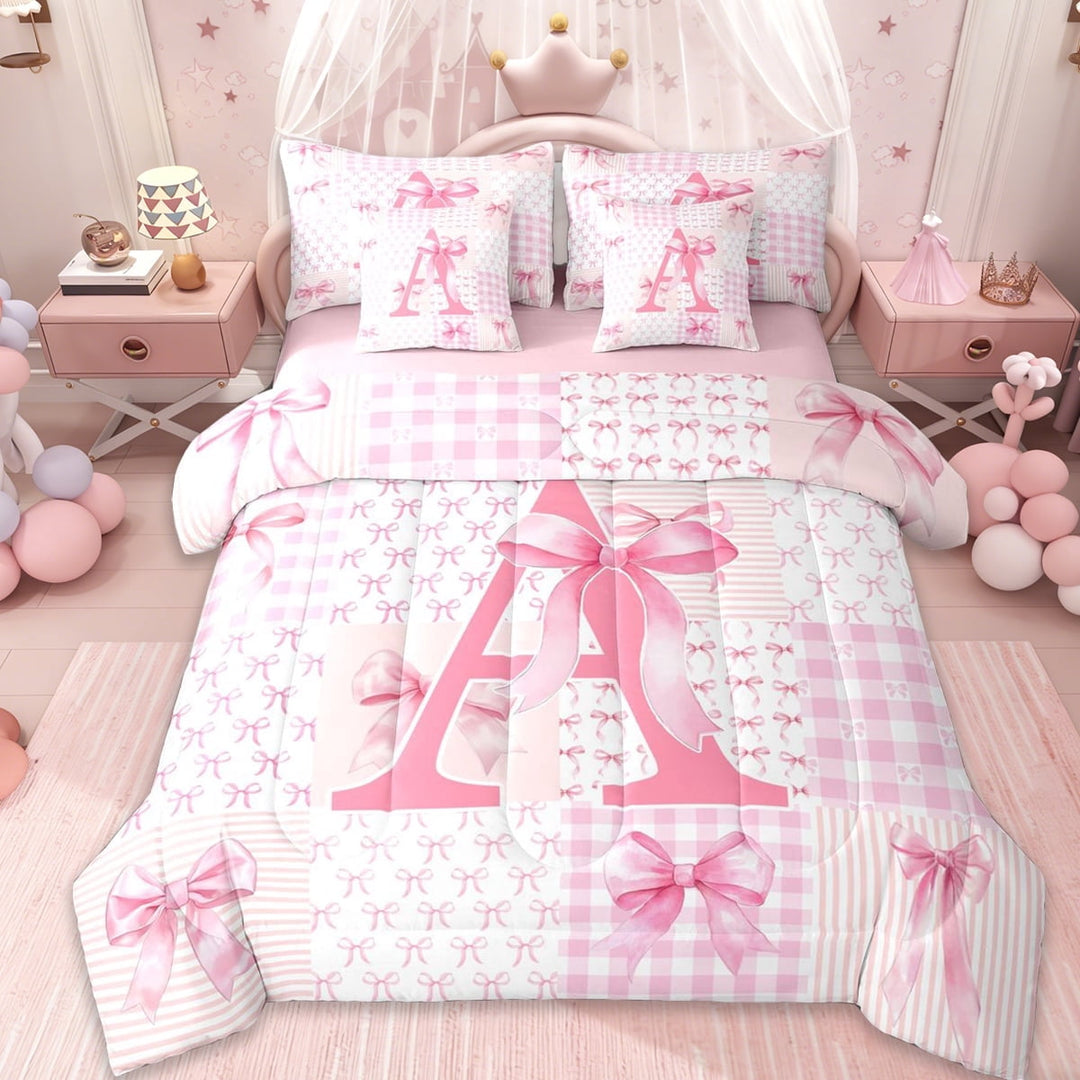 Erosebridal Pink Princess Bowknot Kids 7-Piece Twin Bedding Sets,Bowtie Theme Initial A Alphabet Bedding Comforter Set For Girls,Pink Reversible