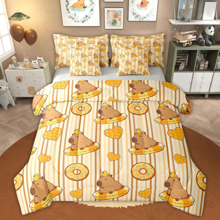 Erosebridal Donut Capybara Kids Twin Bedding Sets, Cute Love Heart Bedding Comforter Set, Orange, 7 Pieces