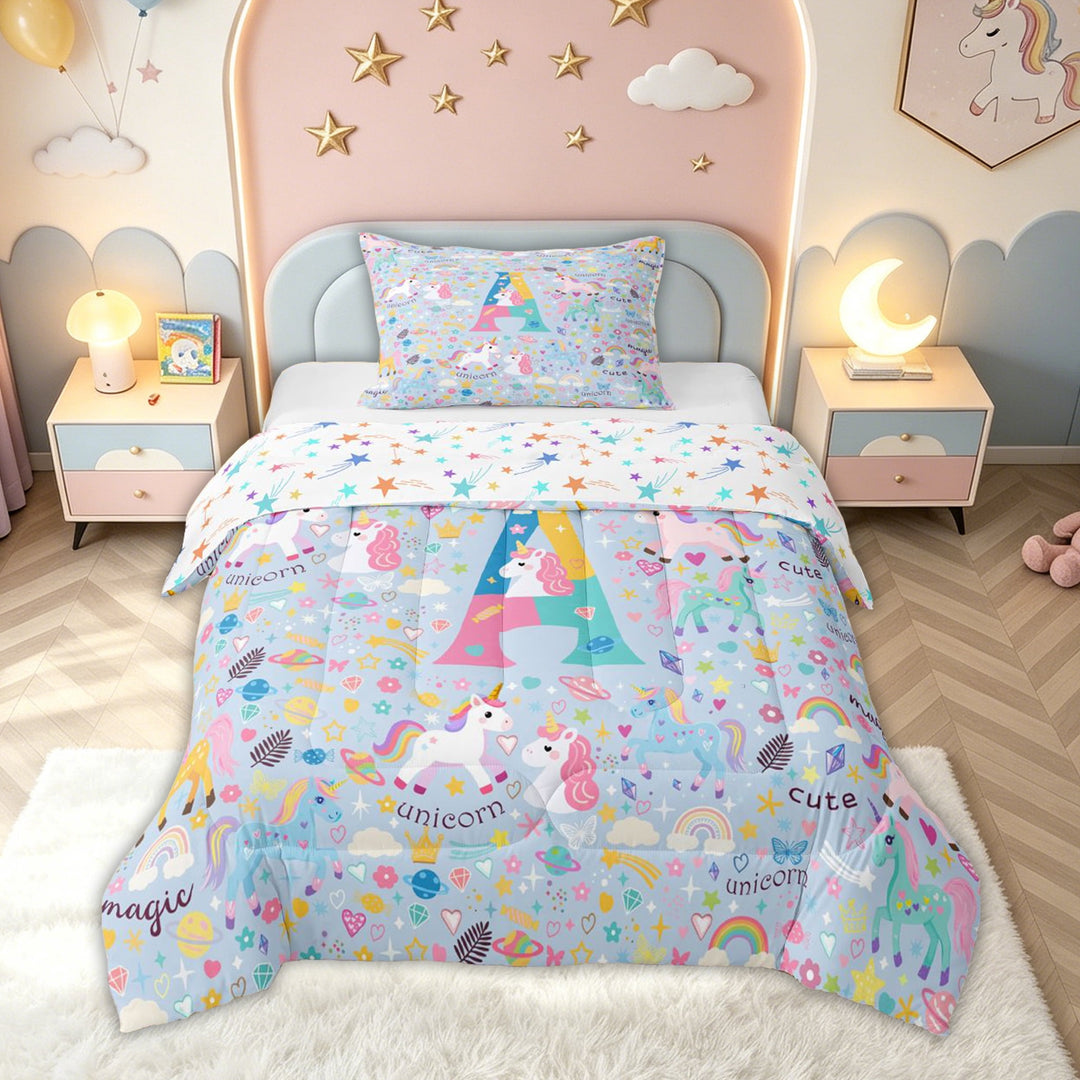 meiyoeat Cute Unicorn Letter A Full Size Comforter Sets for Kids Girls, Cartoon Rainbow Animal Bedding Comforter Set, Blue, Colorful Star Reversible, 3-Piece, 1 Comforter and 2 Pillowcases