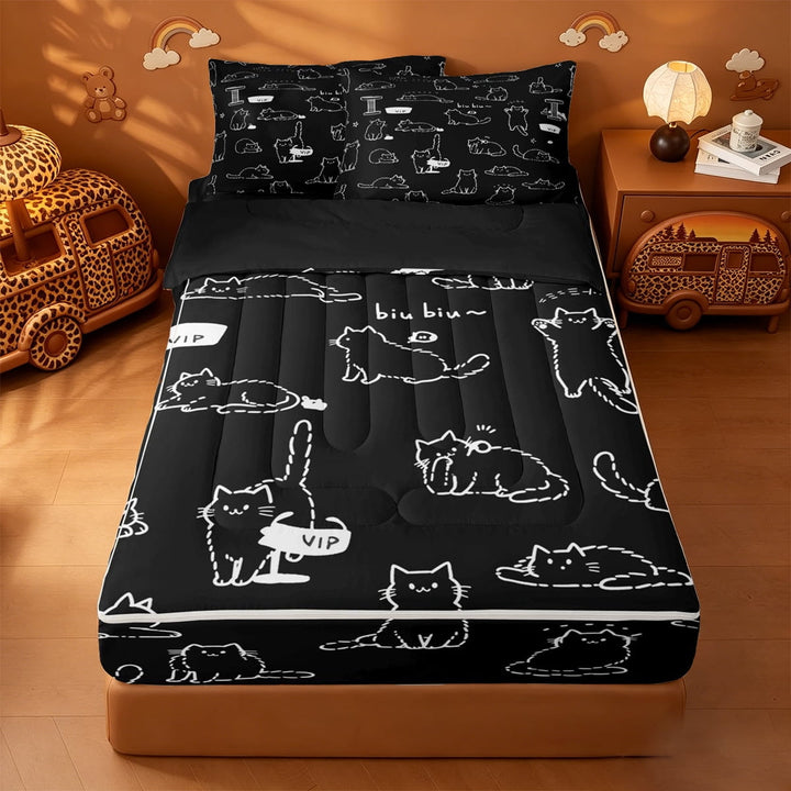 meiyoeat Black Cat Line Art Zipper Full Size Comforter Sets with Fitted Sheet and 2 Pillowcases,Simple Kitten Pattern Zipper Bedding Set For Girl,Reversible,4 Pieces