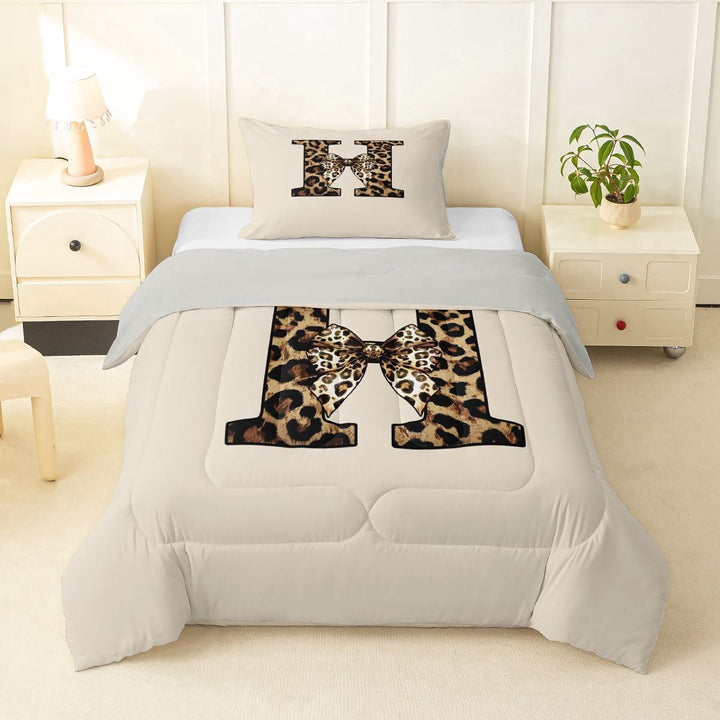 Erosebridal Teens Adults H Personalized Initial Twin Comforter Sets 3-Piece,Leopard Print Bow Knot Bedding Set For Girls Boys,Grey Reversible