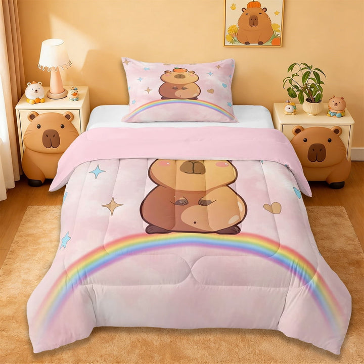 Erosebridal Cute Kawaii Capybara Twin Comforter Sets For Capybara Lovers Twin Comforter Sets,Rainbow Stars Pattern Bedding Set For Kids Girls ,Reversible Pink 2-Piece