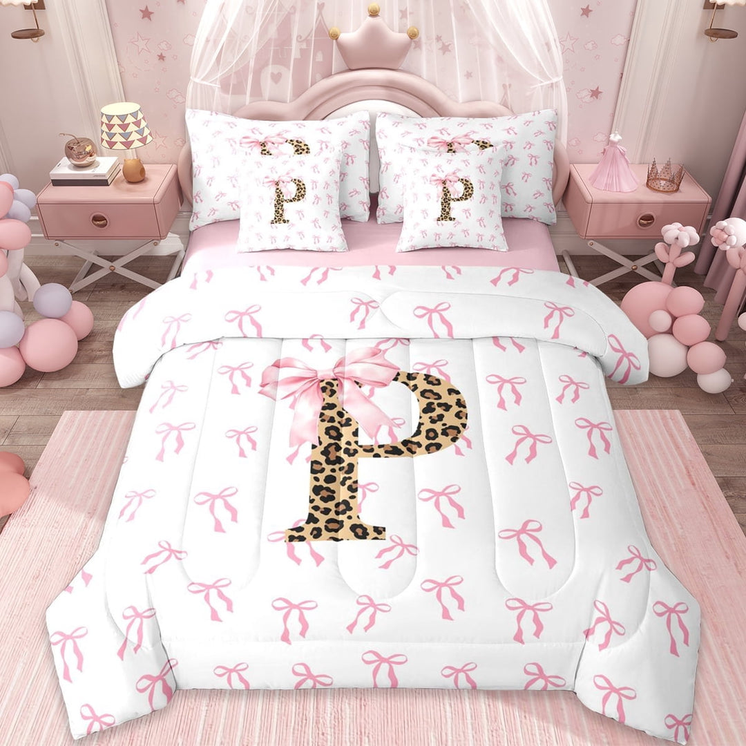 Erosebridal Aesthetic Coquette Bowknot 7-Piece Twin Bedding Sets,Letter P Monogrammed Bedding Comforter Set For Girls Kids,Pink White Brown,Reversible